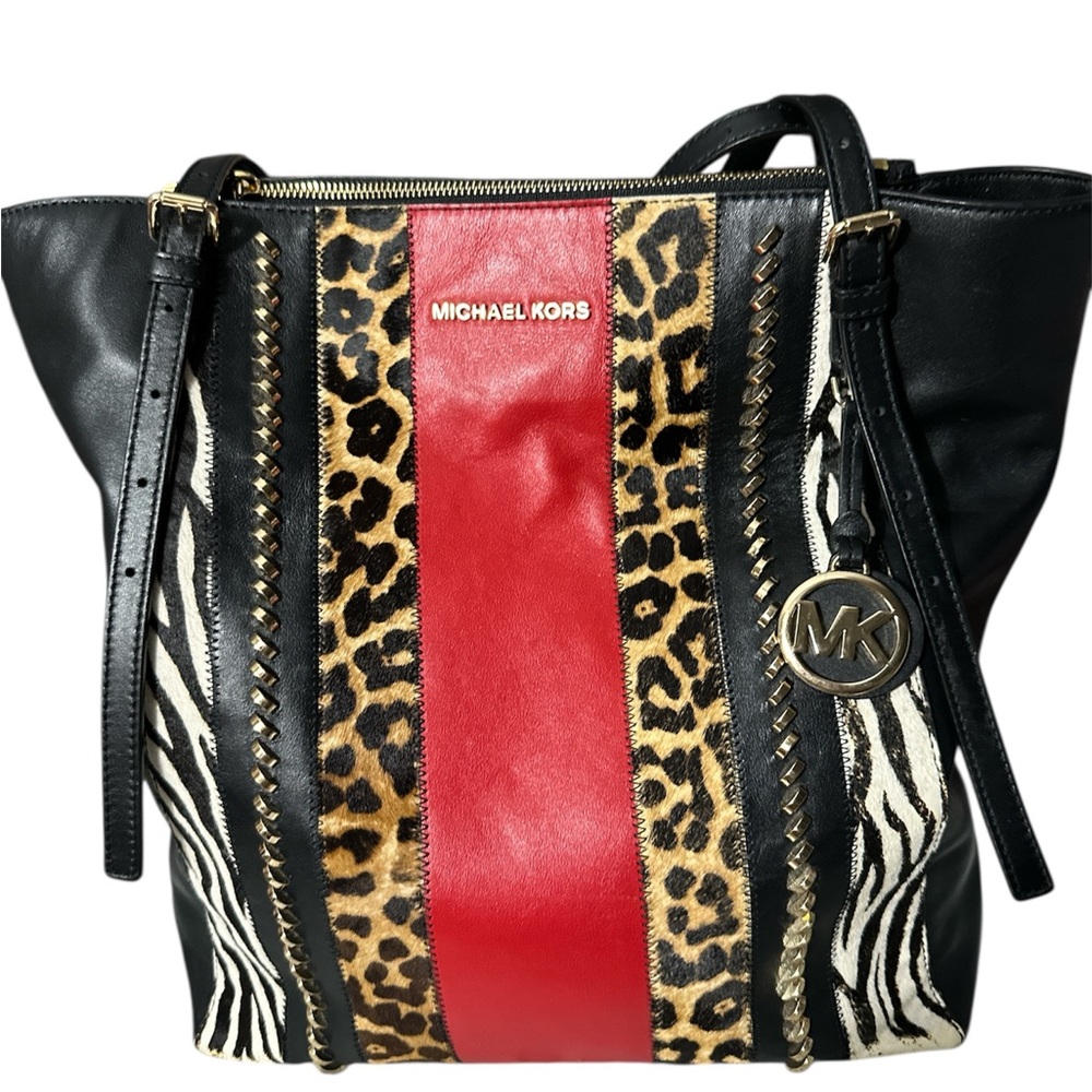 Michael Kors Black and Red leopard zebra calf hair leather tote no call outs